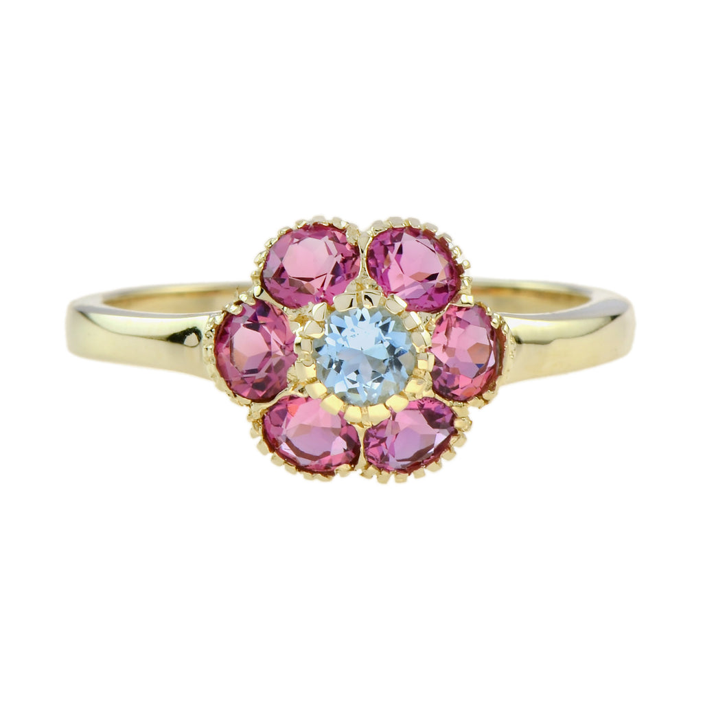 1.10 Ctw Vintage Style Aquamarine Pink Tourmaline Floral Cluster 14K Yellow Gold Ring