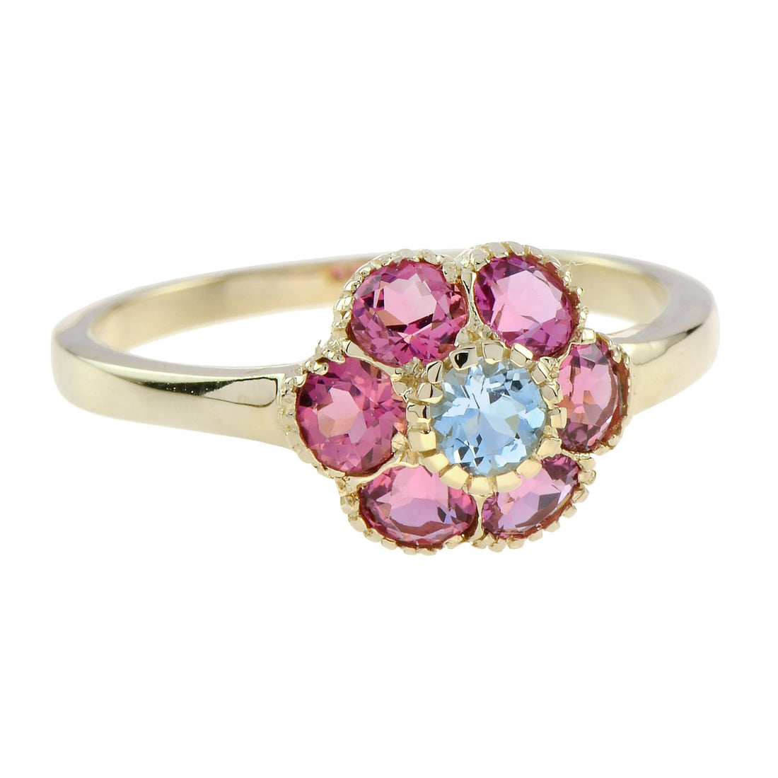 Blue Aquamarine &amp; Pink Tourmaline Vintage Floral Cluster Yellow Gold Ring