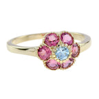1.10 Ctw Vintage Style Aquamarine Pink Tourmaline Floral Cluster 14K Yellow Gold Ring