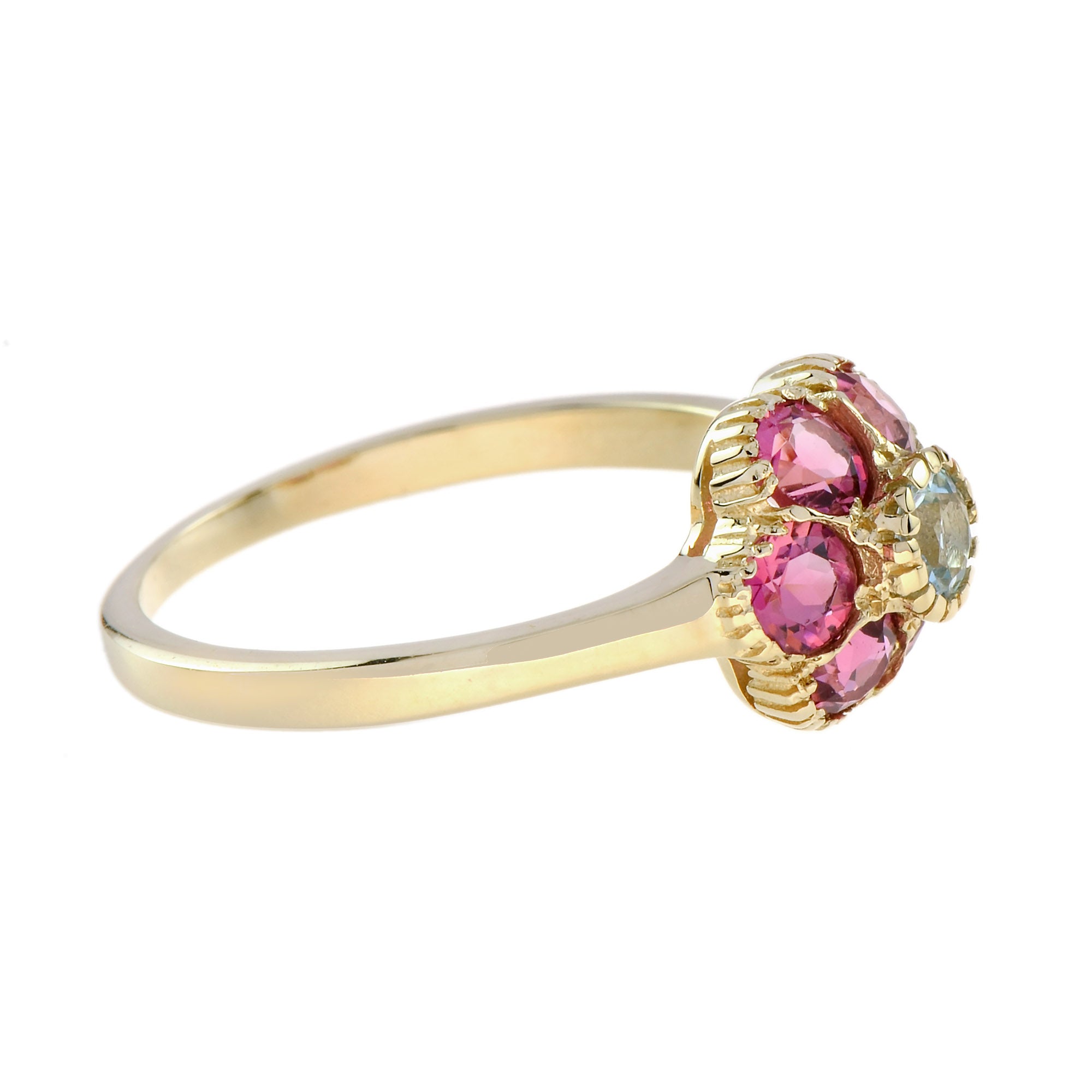 1.10 Ctw Vintage Style Aquamarine Pink Tourmaline Floral Cluster 14K Yellow Gold Ring
