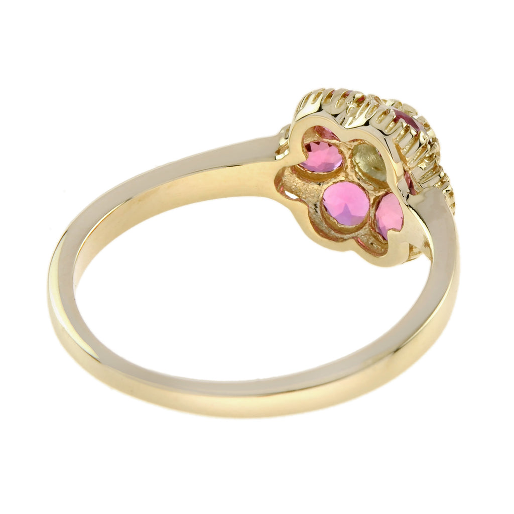 Blue Aquamarine & Pink Tourmaline Vintage Floral Cluster Yellow Gold Ring