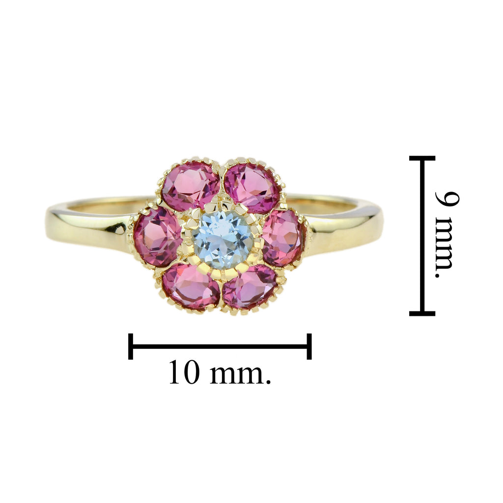 Blue Aquamarine & Pink Tourmaline Vintage Floral Cluster Yellow Gold Ring