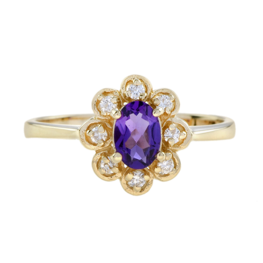 Vintage Style Amethyst & Diamond Halo 14K Yellow Gold Cluster Ring