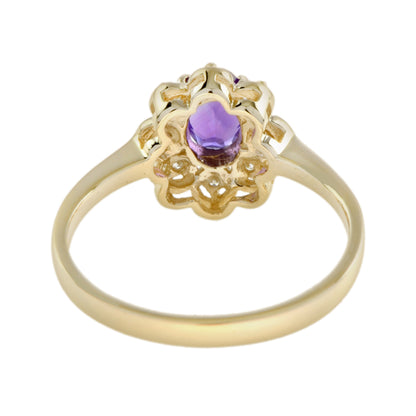Vintage Style Amethyst & Diamond Halo 14K Yellow Gold Cluster Ring