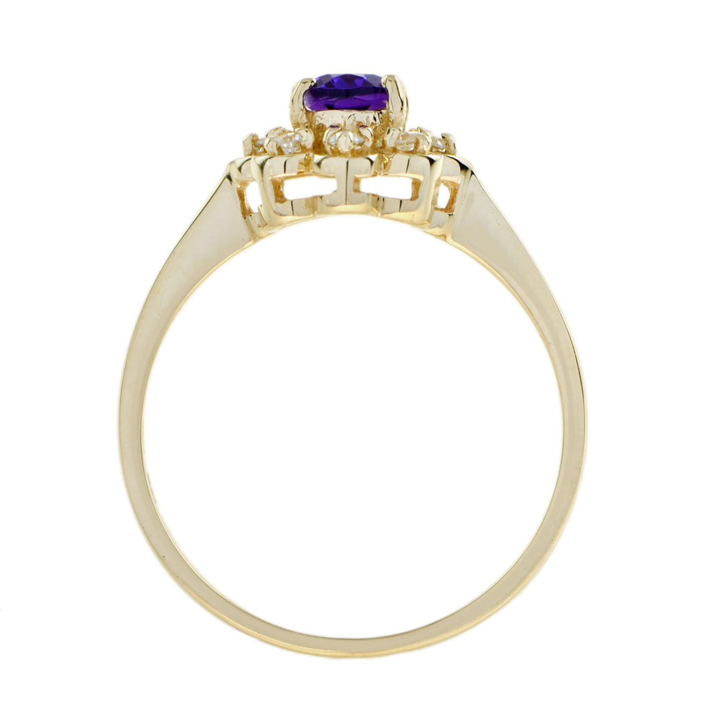 Vintage Style Amethyst & Diamond Halo 14K Yellow Gold Cluster Ring