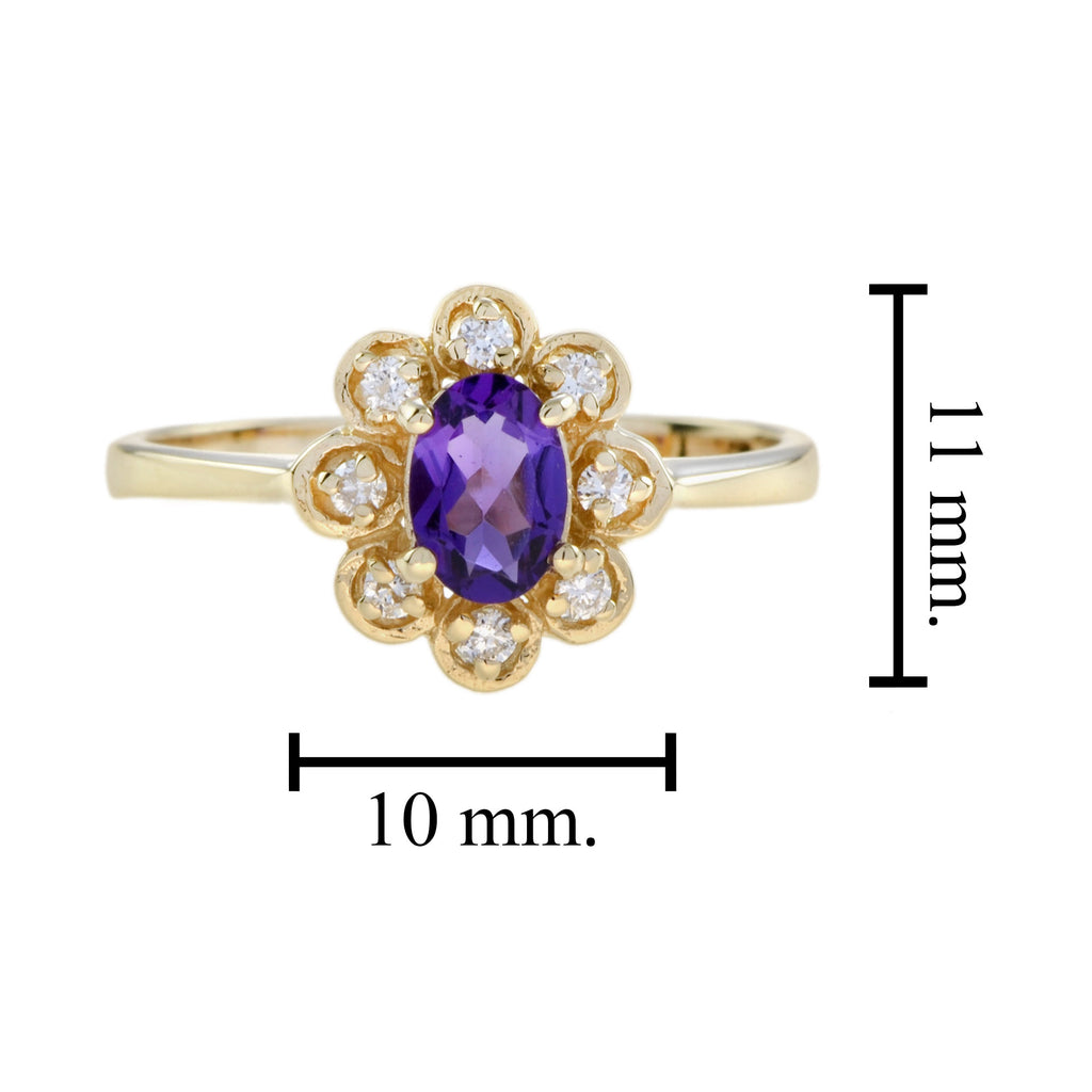 Vintage Style Amethyst & Diamond Halo 14K Yellow Gold Cluster Ring