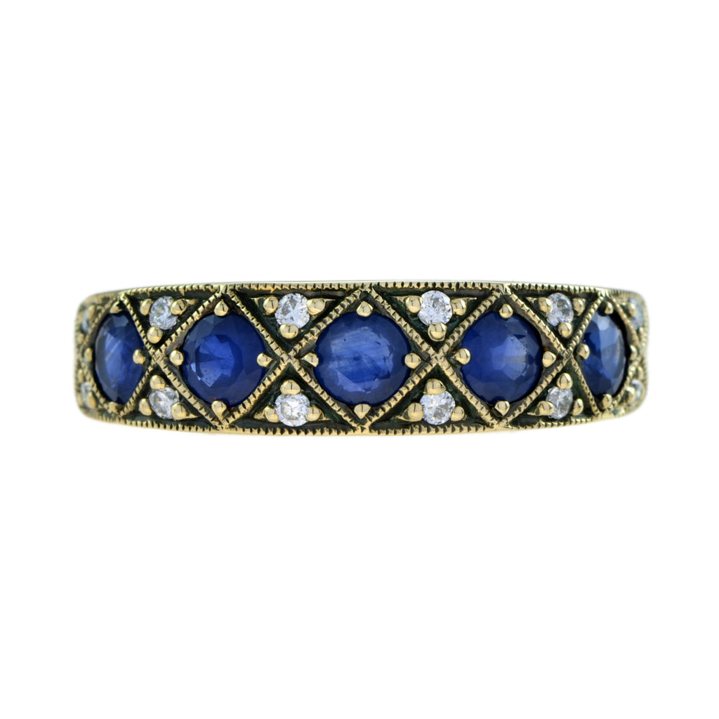 1.22 Ctw Vintage Style Blue Sapphire Diamond Half Eternity Band 14K Yellow Gold Ring