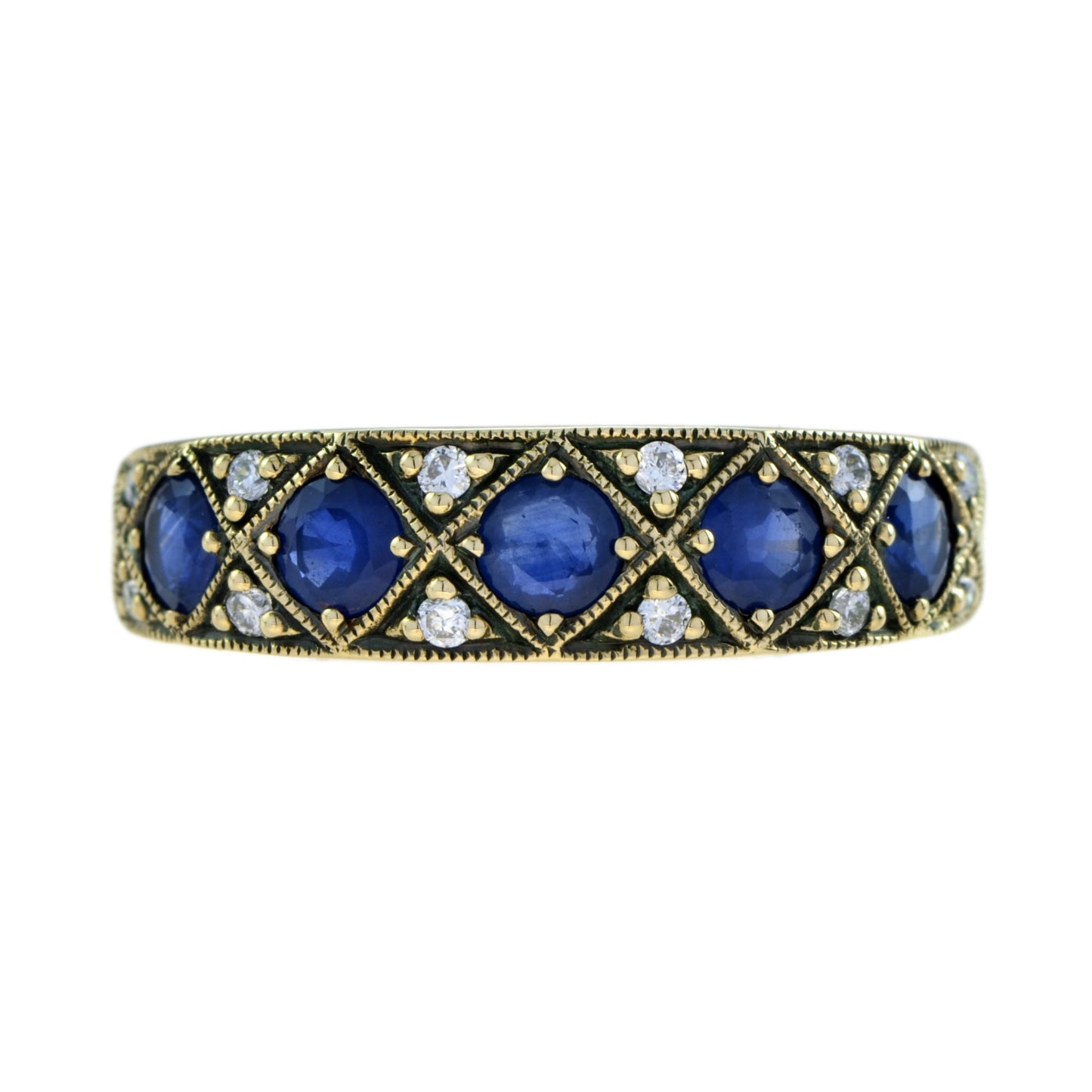 sapphire & diamond vintage style half eternity band 14k yellow gold ring