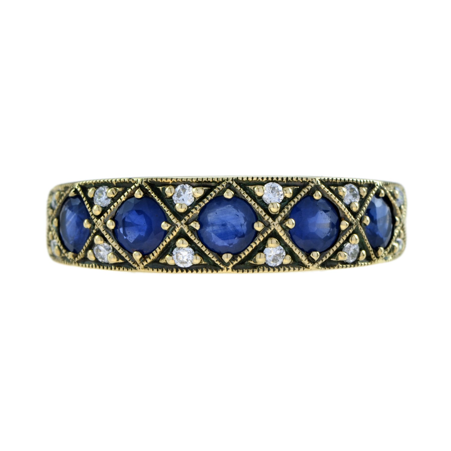 Sapphire &amp; Diamond Vintage Style Half Eternity Band 14K Yellow Gold Ring