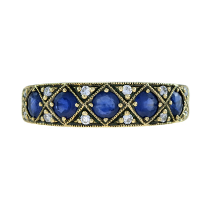 Sapphire & Diamond Vintage Style Half Eternity Band 14K Yellow Gold Ring