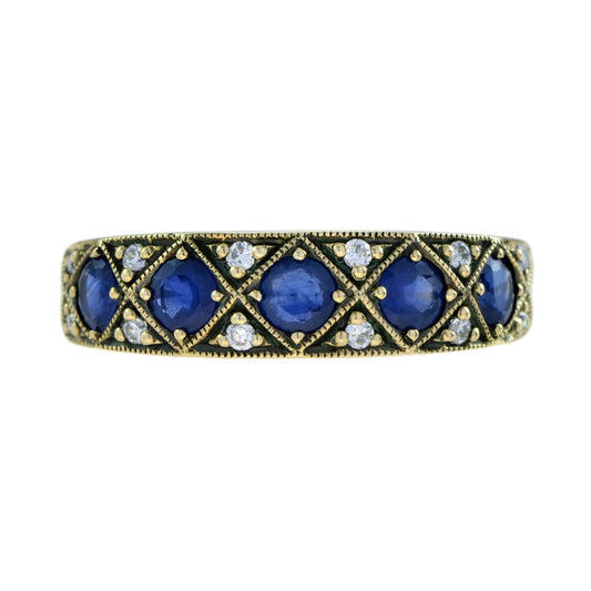 Sapphire & Diamond Vintage Style Half Eternity Band 14K Yellow Gold Ring