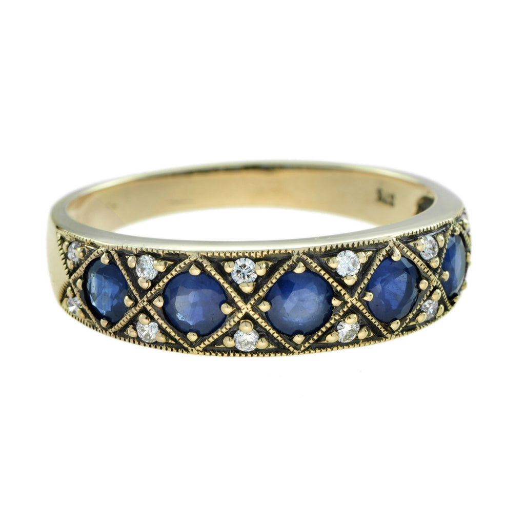 1.22 Ctw Vintage Style Blue Sapphire Diamond Half Eternity Band 14K Yellow Gold Ring