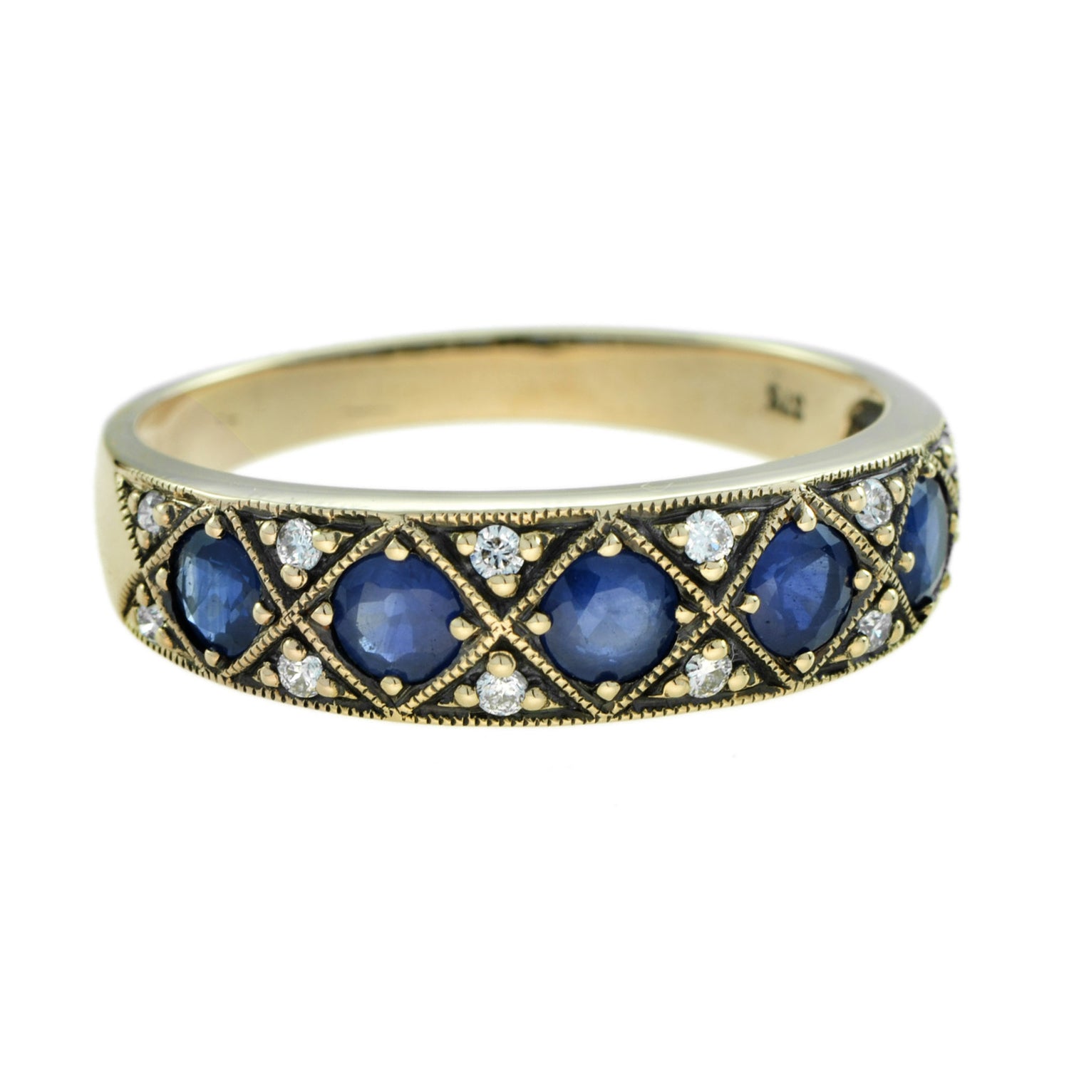Sapphire &amp; Diamond Vintage Style Half Eternity Band 14K Yellow Gold Ring