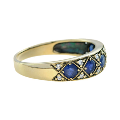 Sapphire & Diamond Vintage Style Half Eternity Band 14K Yellow Gold Ring