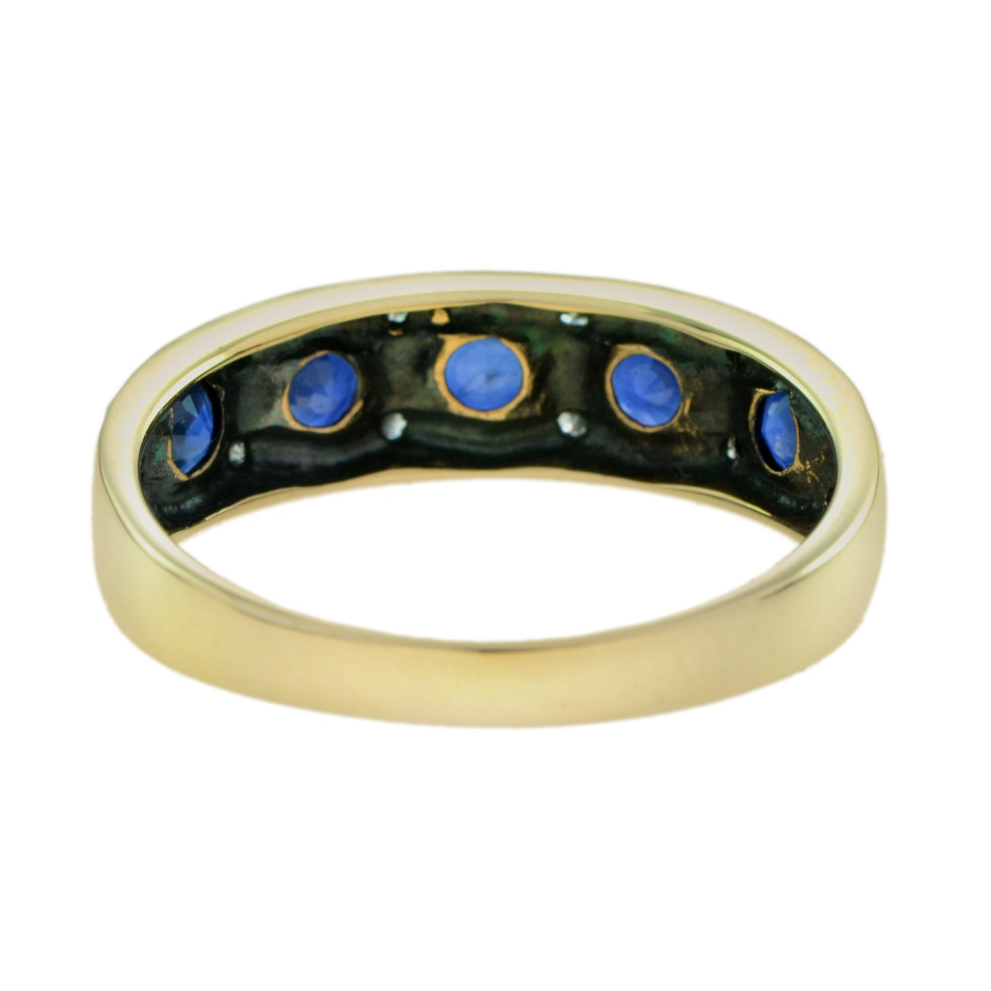 sapphire & diamond vintage style half eternity band 14k yellow gold ring