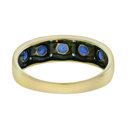 Sapphire & Diamond Vintage Style Half Eternity Band 14K Yellow Gold Ring