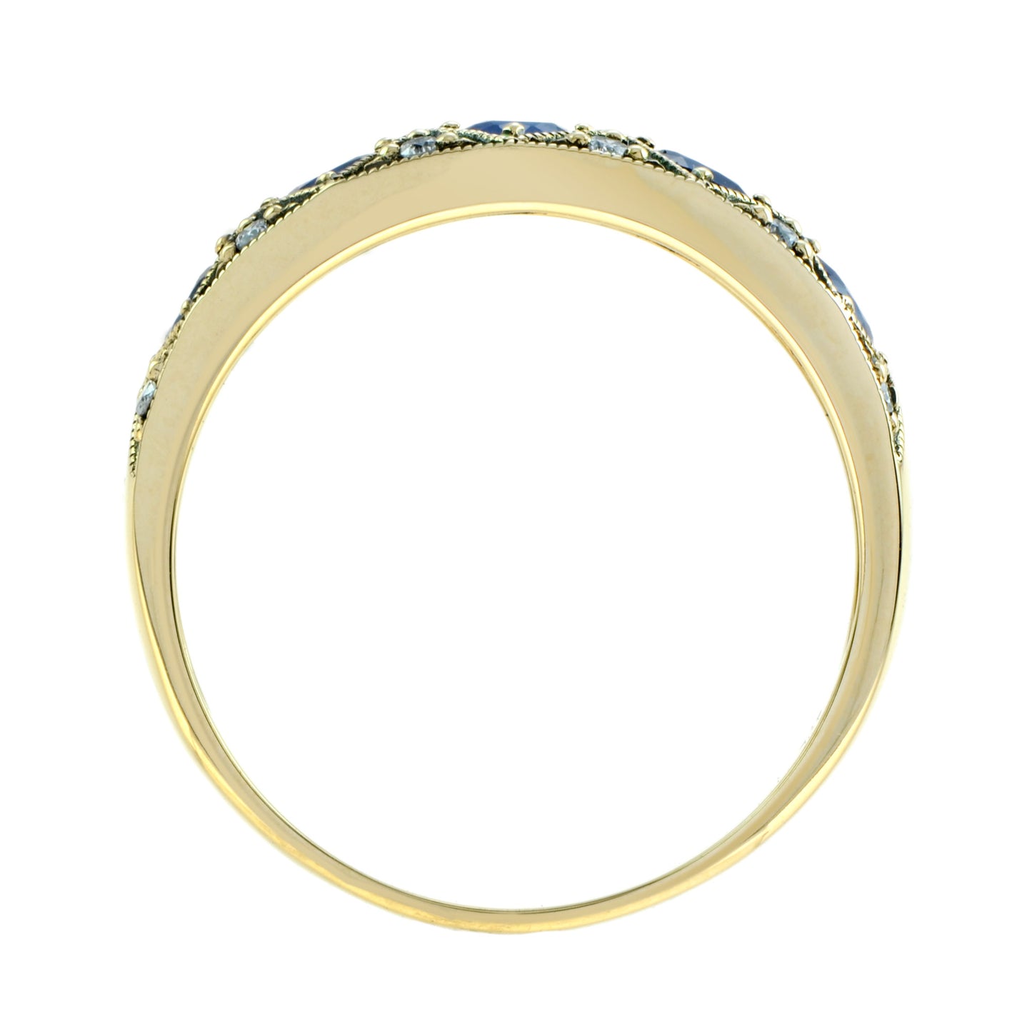sapphire & diamond vintage style half eternity band 14k yellow gold ring