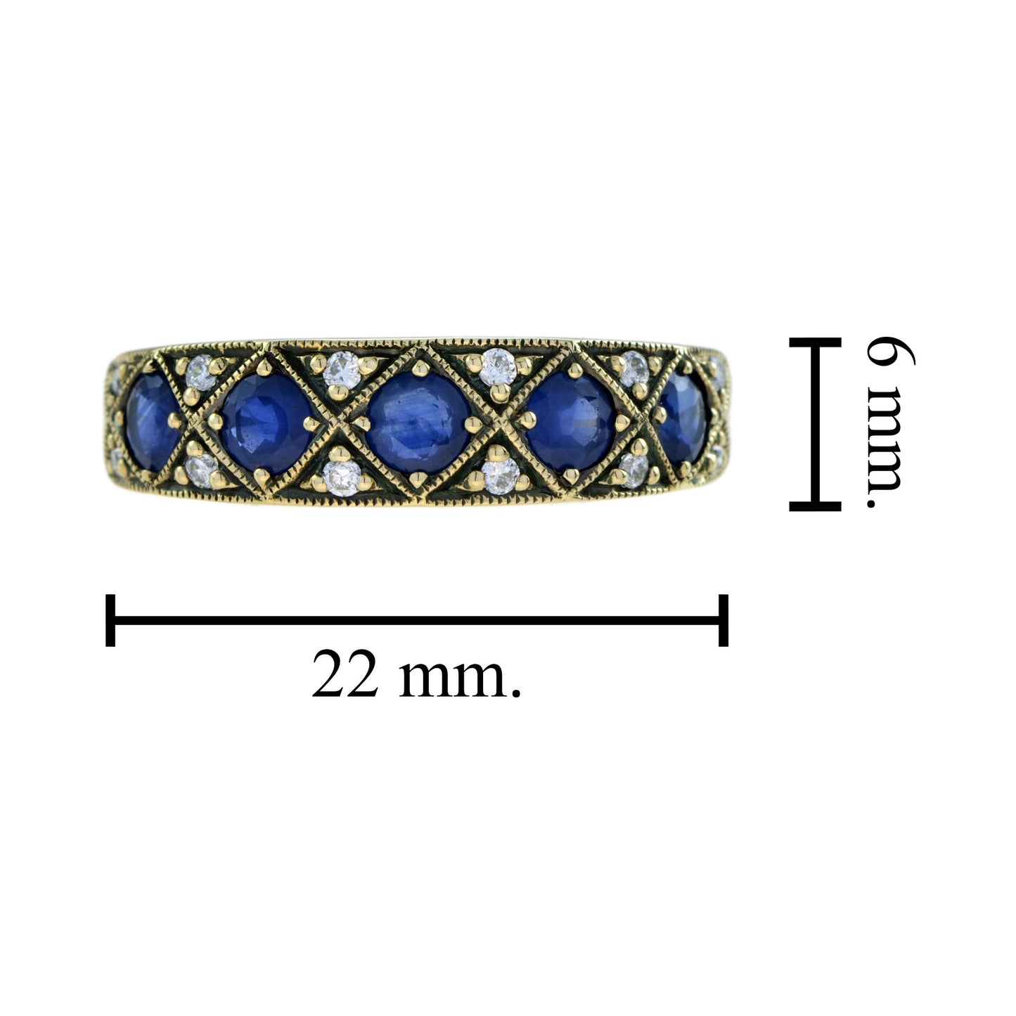 sapphire & diamond vintage style half eternity band 14k yellow gold ring