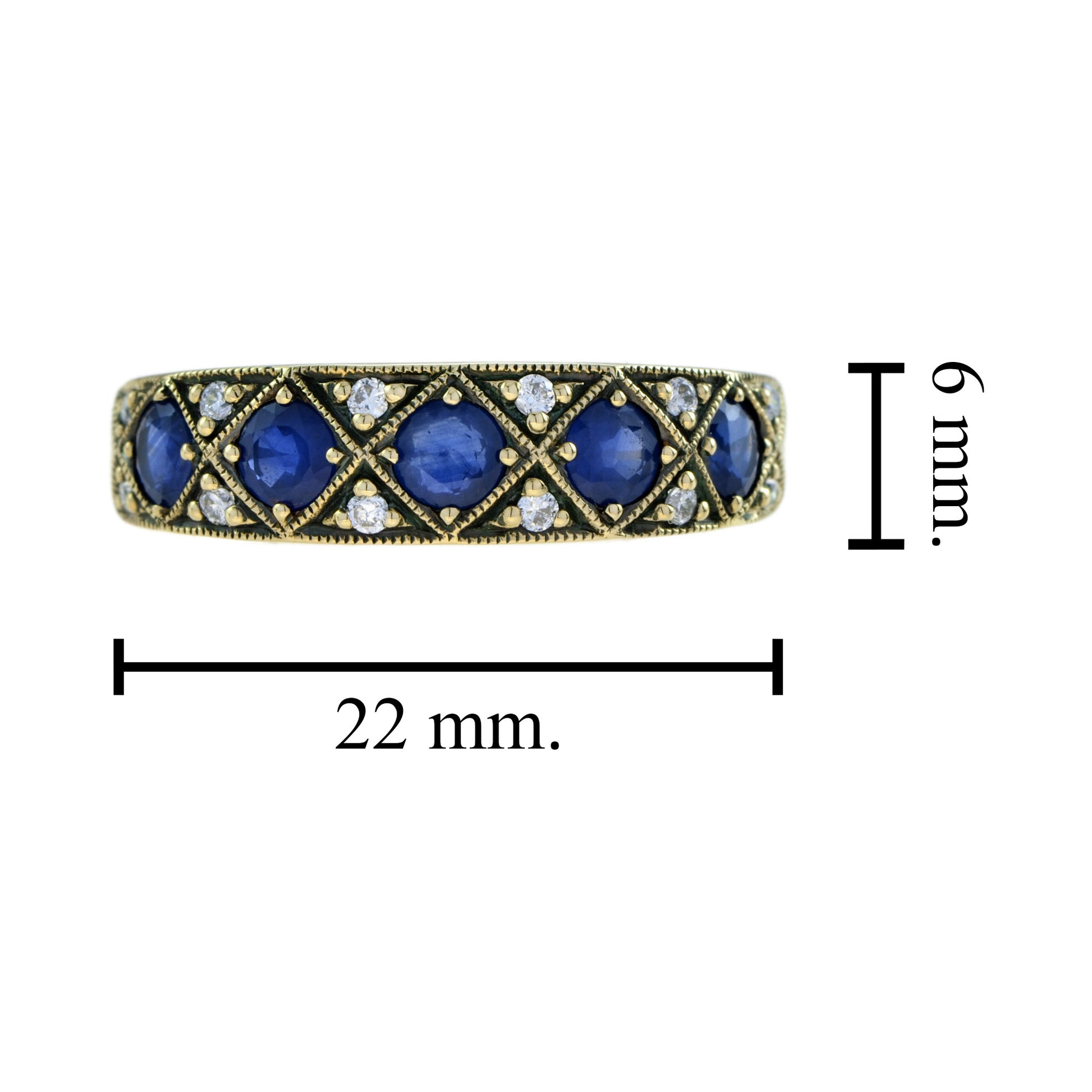 Sapphire & Diamond Vintage Style Half Eternity Band 14K Yellow Gold Ring