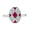Rhombus Ruby & Diamond Art Deco Style Mosaic White Gold Ring
