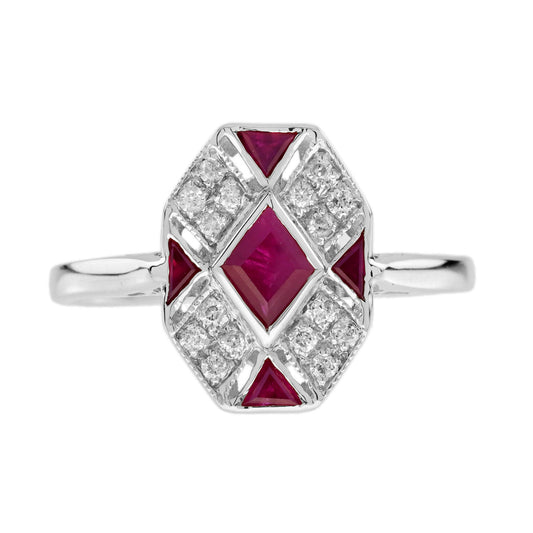 Rhombus Ruby & Diamond Art Deco Style Mosaic White Gold Ring