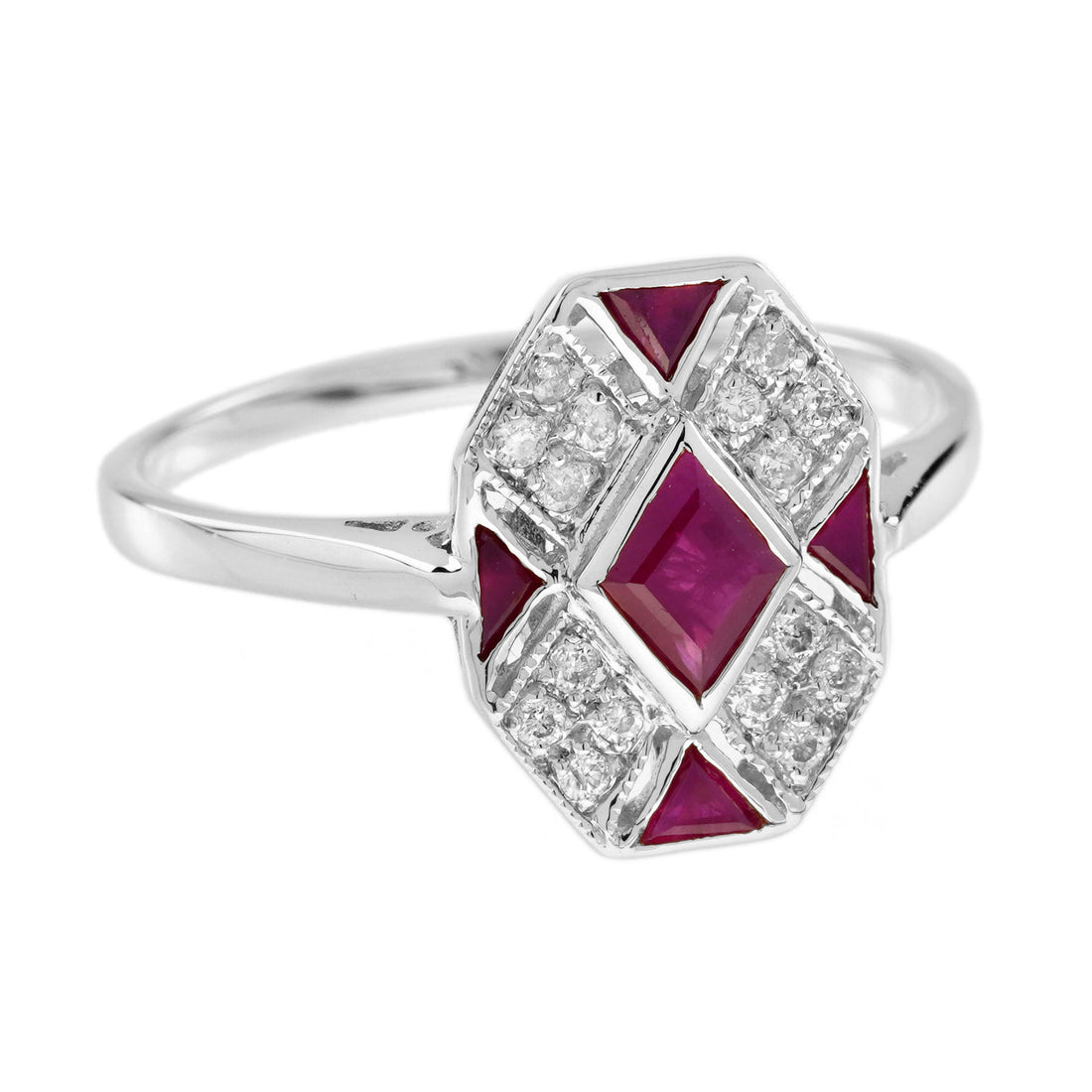 Rhombus Ruby &amp; Diamond Art Deco Style Mosaic White Gold Ring