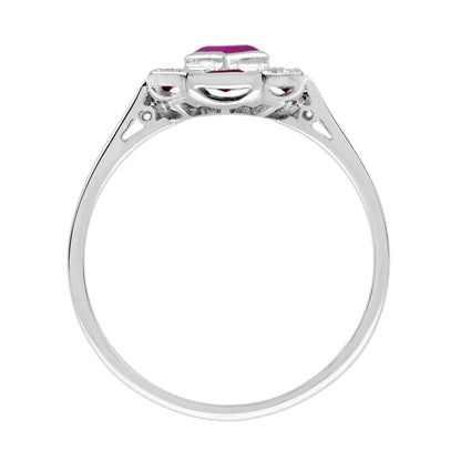 Rhombus Ruby &amp; Diamond Art Deco Style Mosaic White Gold Ring