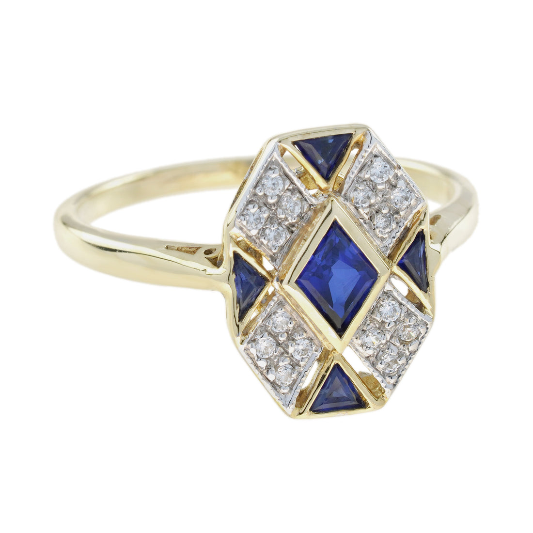 Rhombus Shape Blue Sapphire &amp; Diamond Art Deco Style Cluster 14K Gold Ring