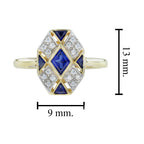 Rhombus Shape Blue Sapphire & Diamond Art Deco Style Cluster 14K Gold Ring