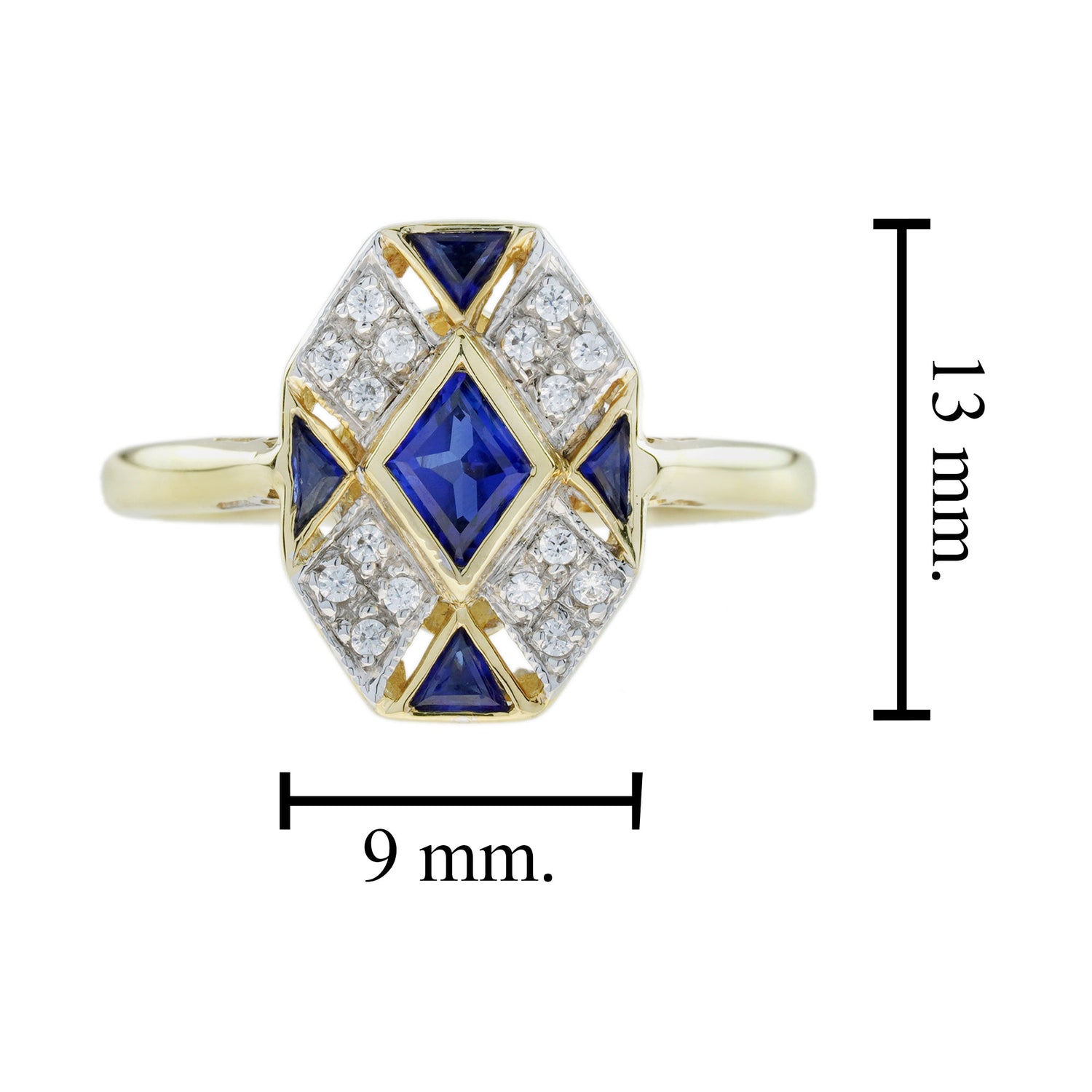 Rhombus Shape Blue Sapphire &amp; Diamond Art Deco Style Cluster 14K Gold Ring