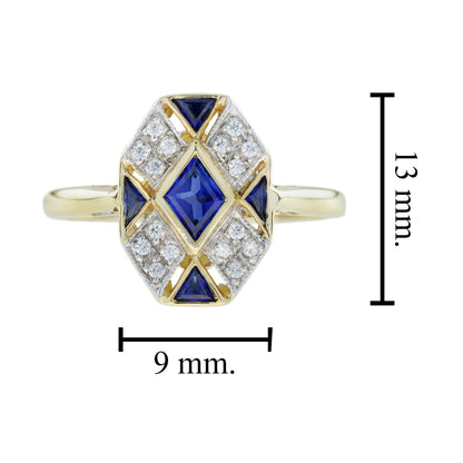 Rhombus Shape Blue Sapphire &amp; Diamond Art Deco Style Cluster 14K Gold Ring