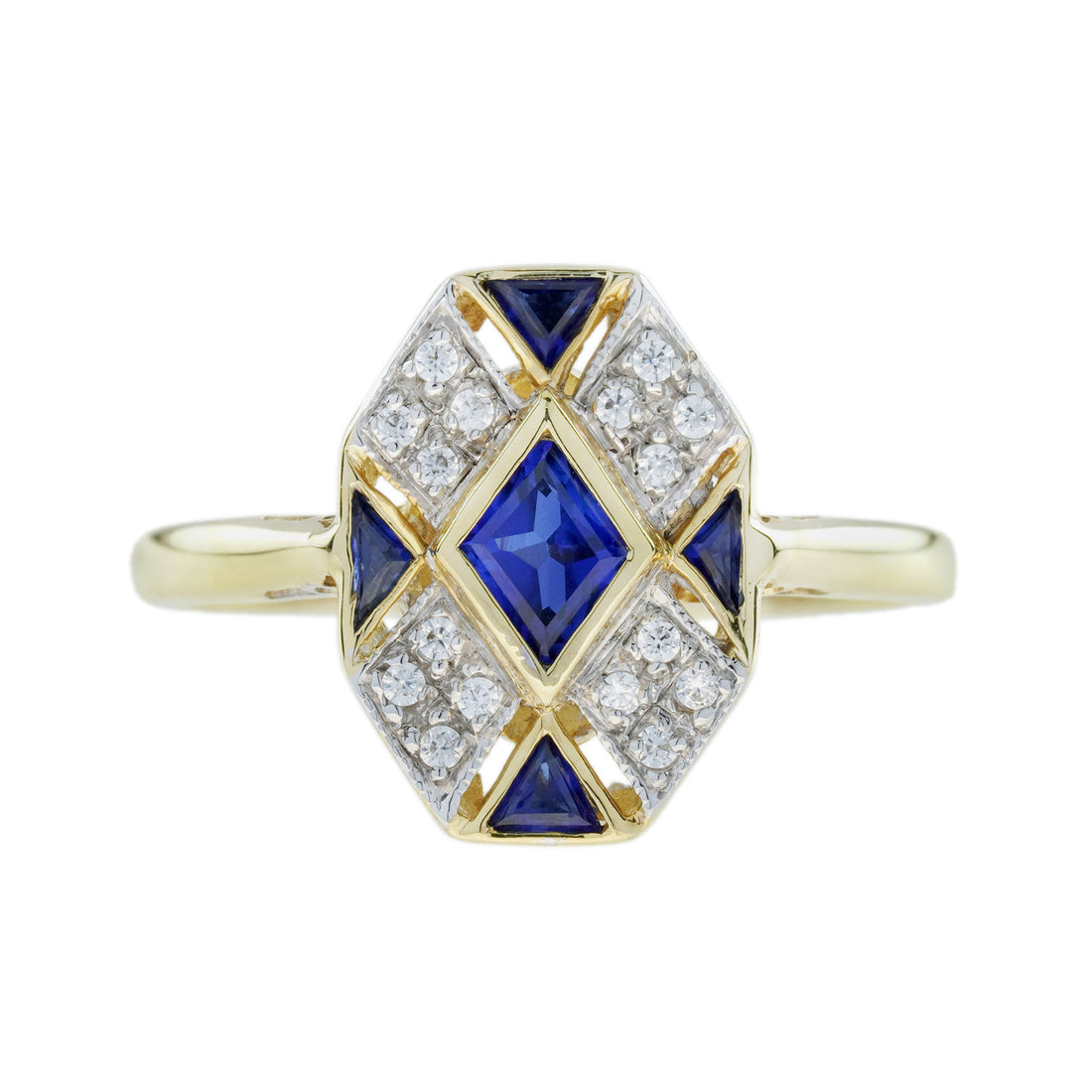 Rhombus Shape Blue Sapphire & Diamond Art Deco Style Cluster 14K Gold Ring