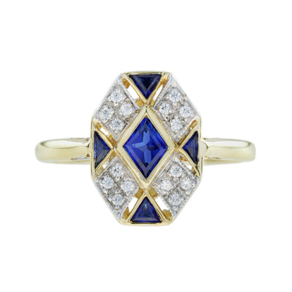 Rhombus Shape Blue Sapphire &amp; Diamond Art Deco Style Cluster 14K Gold Ring