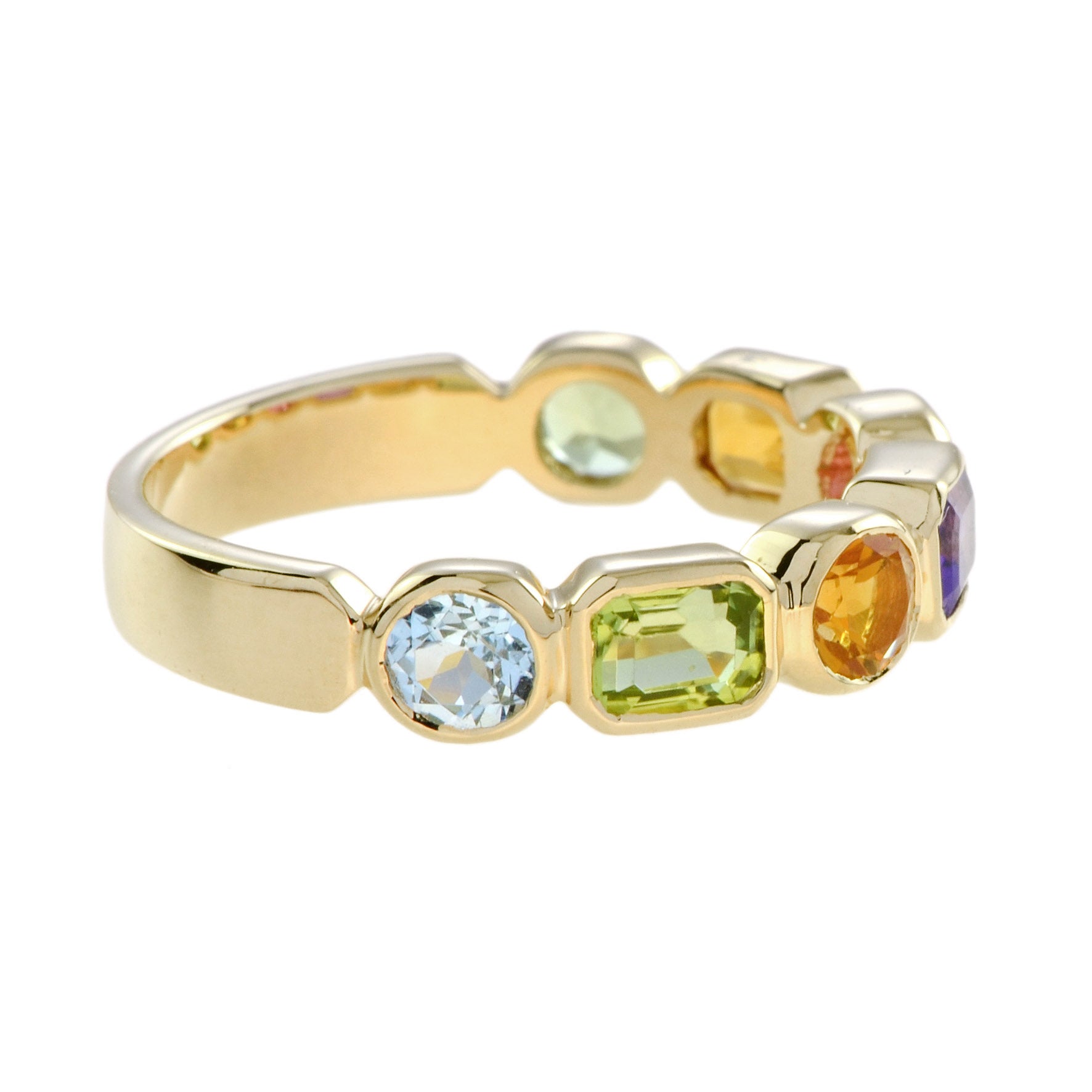 Multi Natural Semi Precious Colored Rainbow Gem Half Eternity Band Gold Ring