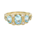 Oval Shape Blue Topaz & Diamond Vintage Style Three Stone 9K Yellow Gold Ring