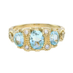 Oval Shape Blue Topaz & Diamond Vintage Style Three Stone 9K Yellow Gold Ring