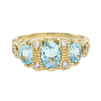Oval Shape Blue Topaz & Diamond Vintage Style Three Stone 9K Yellow Gold Ring