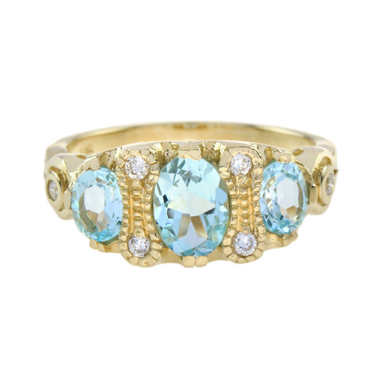 Oval Shape Blue Topaz & Diamond Vintage Style Three Stone 9K Yellow Gold Ring