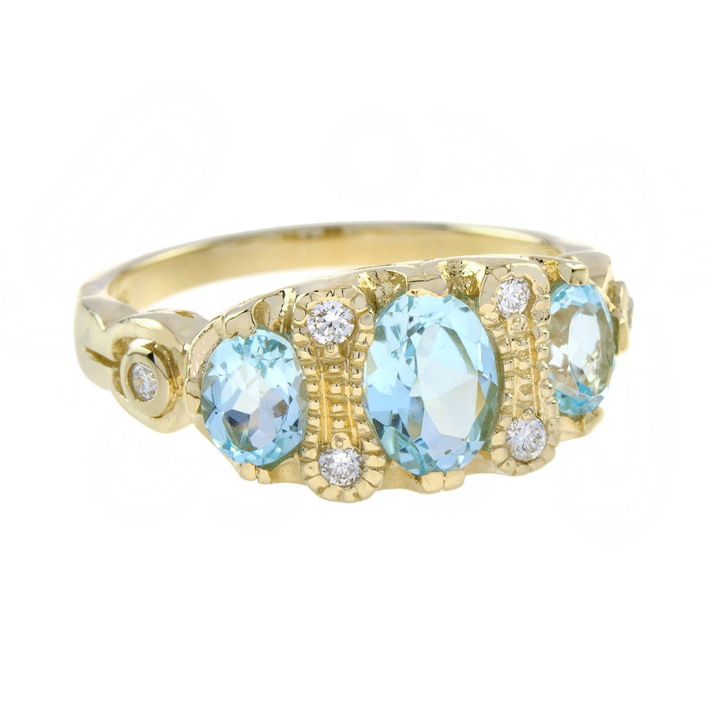 Oval Shape Blue Topaz & Diamond Vintage Style Three Stone 9K Yellow Gold Ring