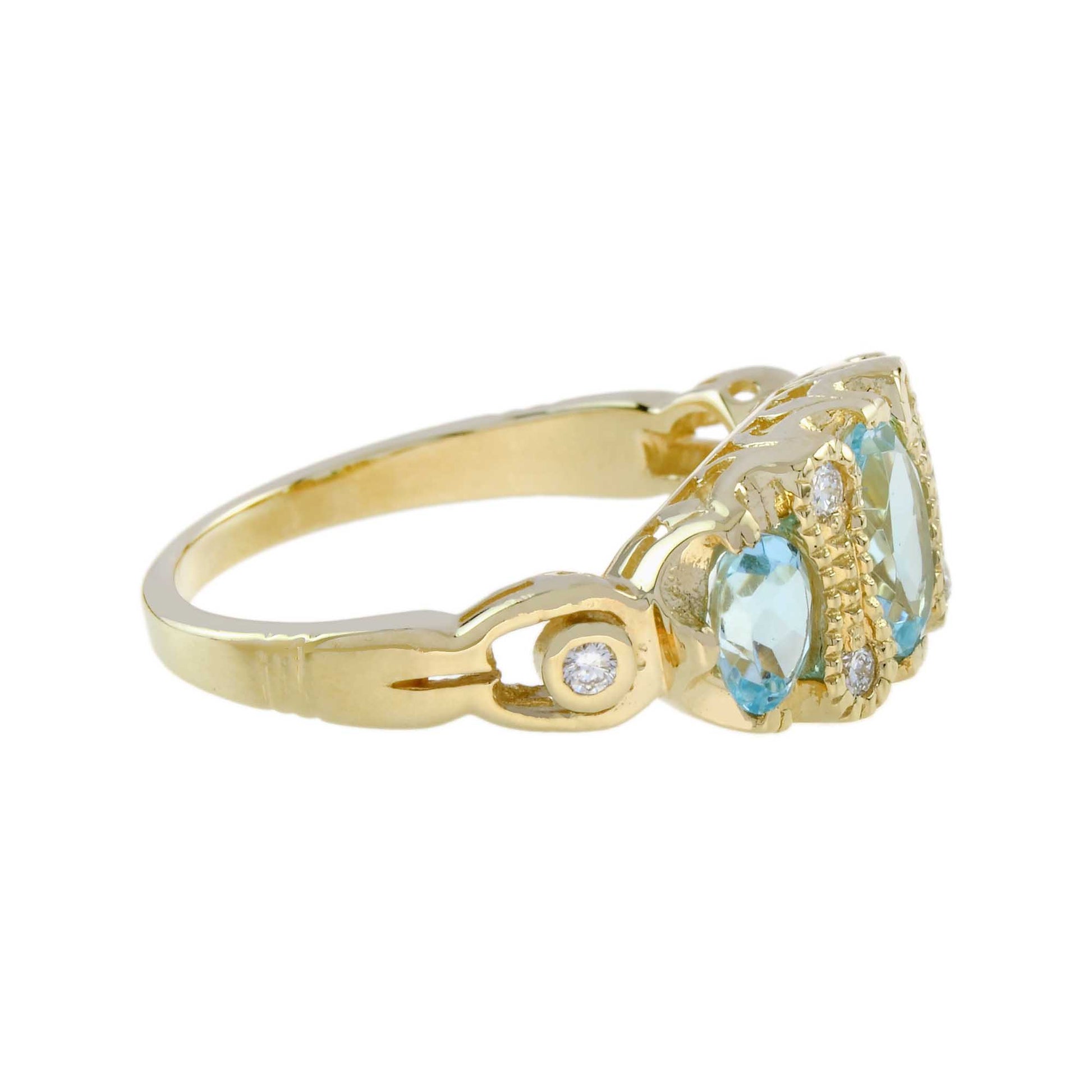 Oval Shape Blue Topaz & Diamond Vintage Style Three Stone 9K Yellow Gold Ring