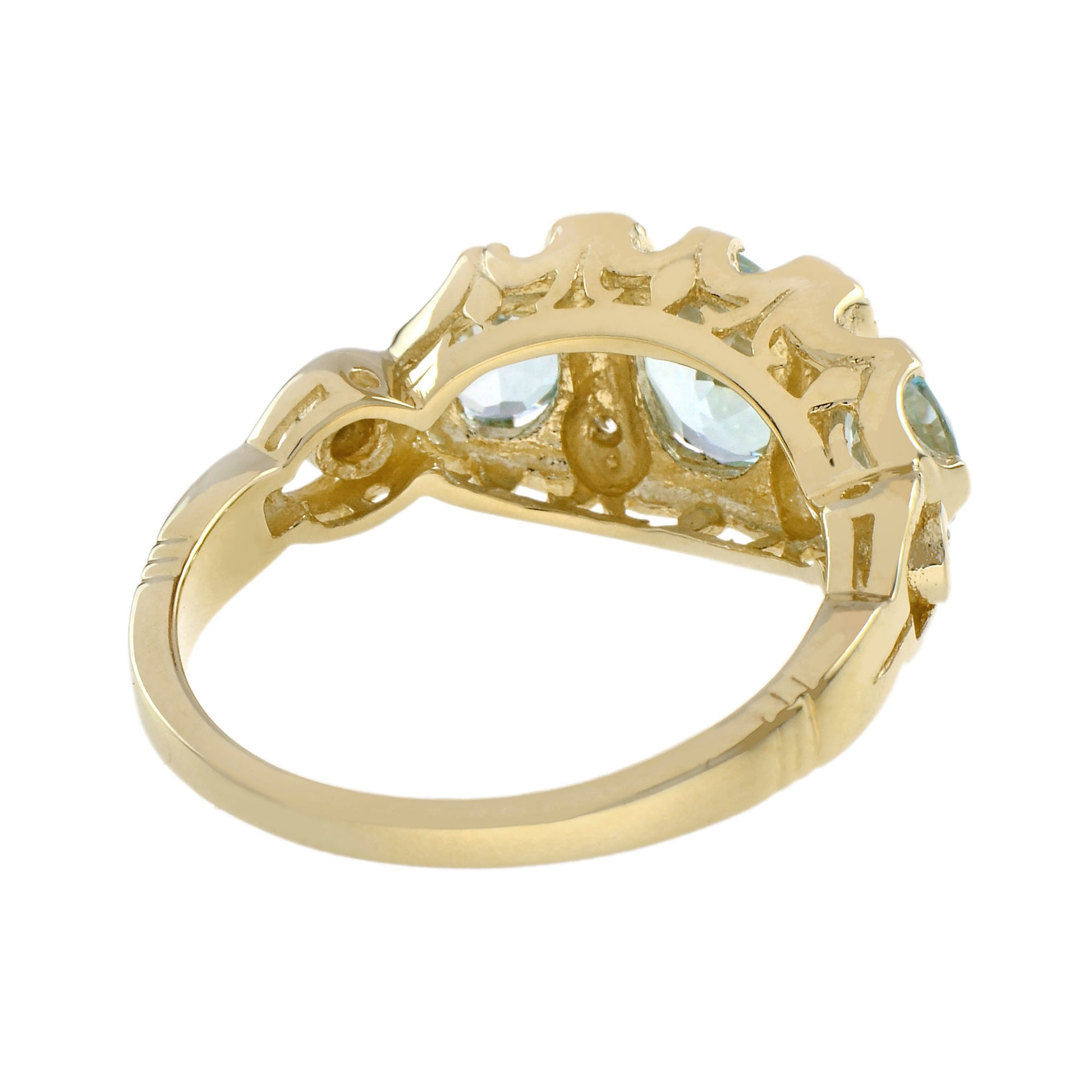 Oval Shape Blue Topaz & Diamond Vintage Style Three Stone 9K Yellow Gold Ring