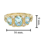 Oval Shape Blue Topaz & Diamond Vintage Style Three Stone 9K Yellow Gold Ring