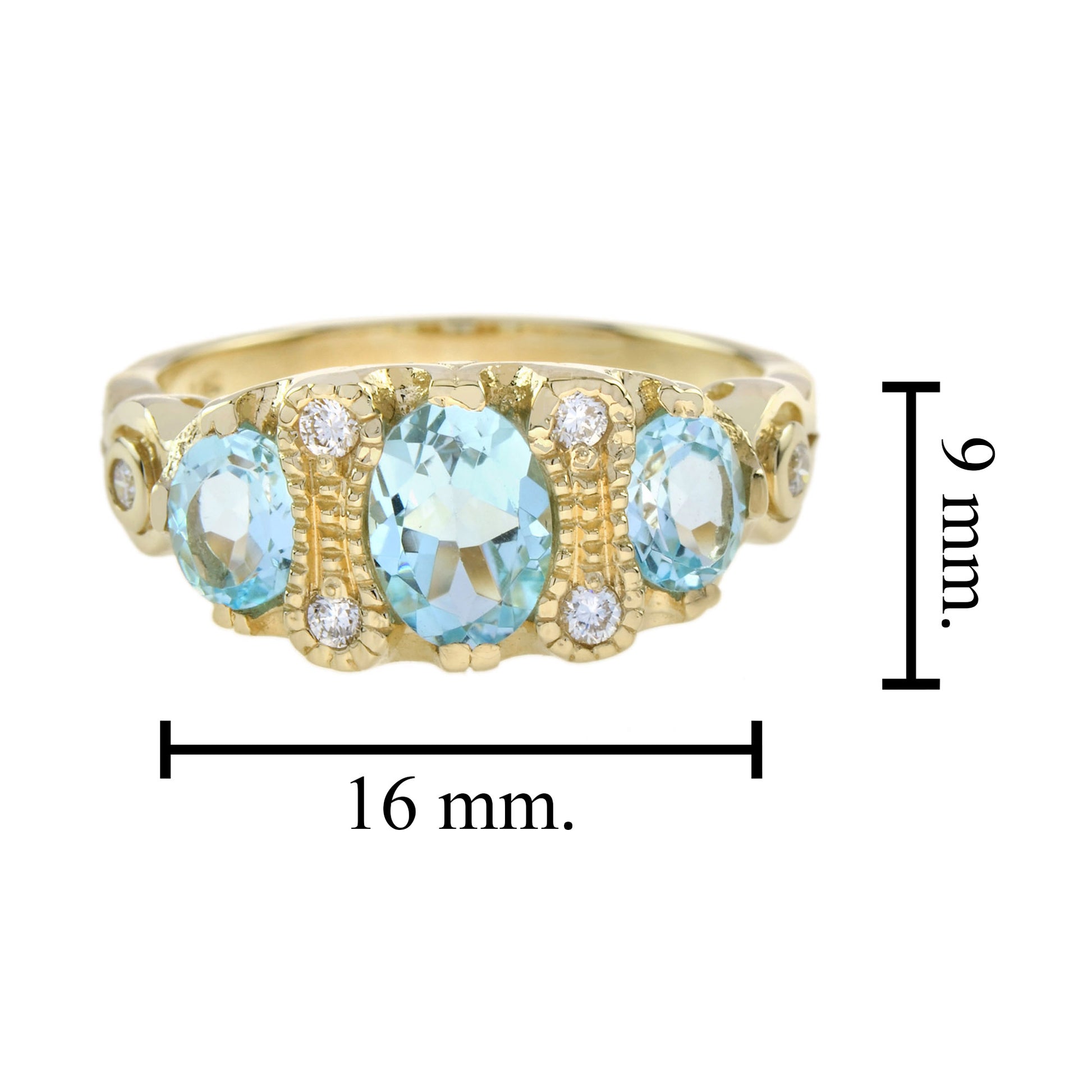 Oval Shape Blue Topaz & Diamond Vintage Style Three Stone 9K Yellow Gold Ring