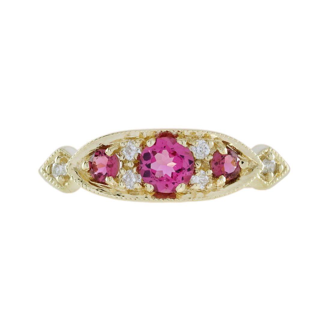 Pink Tourmaline & Diamond Vintage Style Three Stone Yellow Gold Ring