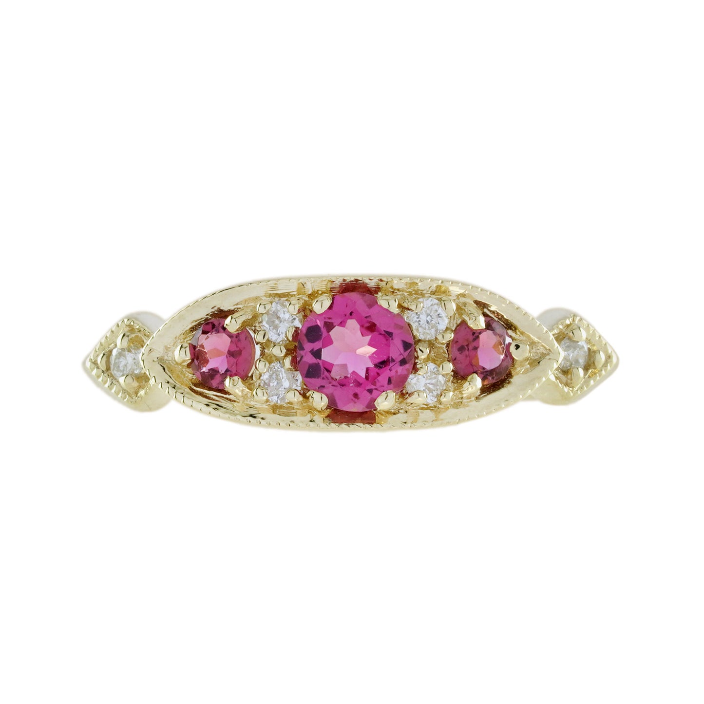 pink tourmaline & diamond vintage style three stone yellow gold ring