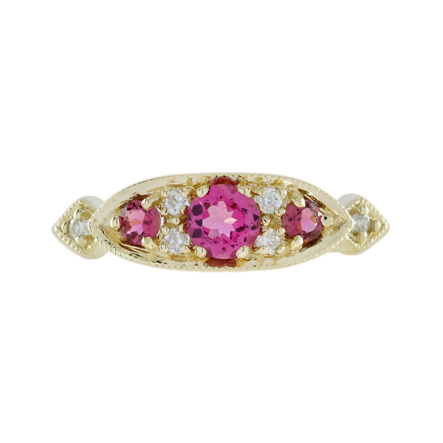 Pink Tourmaline &amp; Diamond Vintage Style Three Stone Yellow Gold Ring