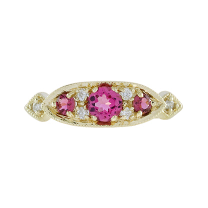Pink Tourmaline & Diamond Vintage Style Three Stone Yellow Gold Ring