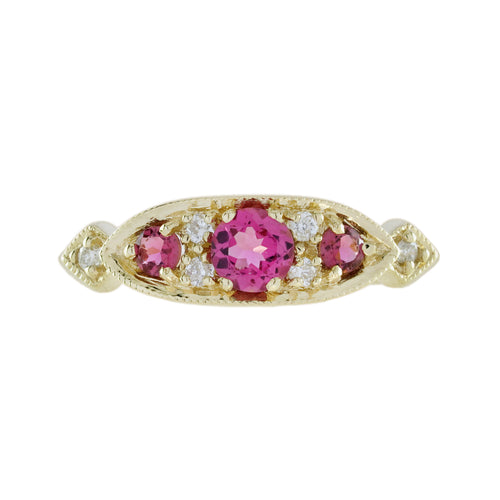 Pink Tourmaline & Diamond Vintage Style Three Stone Yellow Gold Ring
