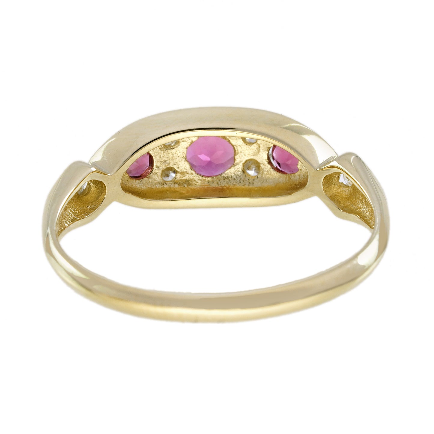 pink tourmaline & diamond vintage style three stone yellow gold ring