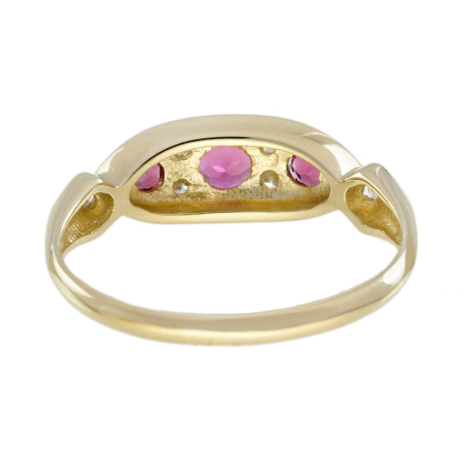 Pink Tourmaline &amp; Diamond Vintage Style Three Stone Yellow Gold Ring